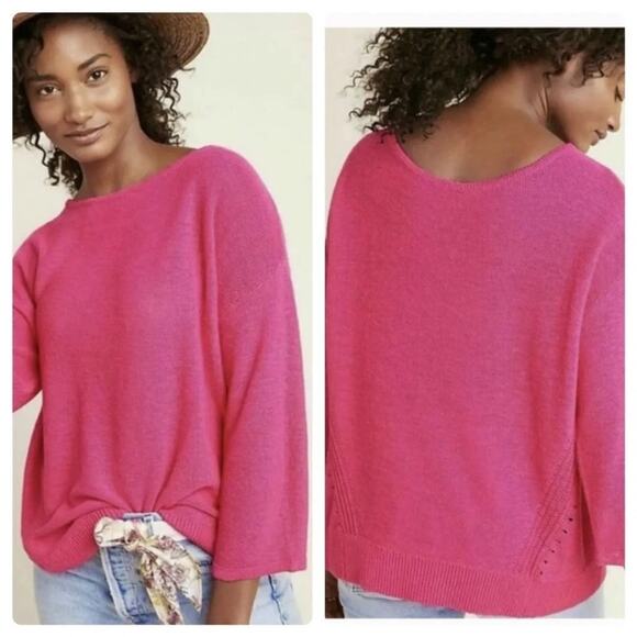 Anthropologie Mayfield Hot Pink Linen Blend Boatneck Boho Slouchy Sweater S - Picture 1 of 8